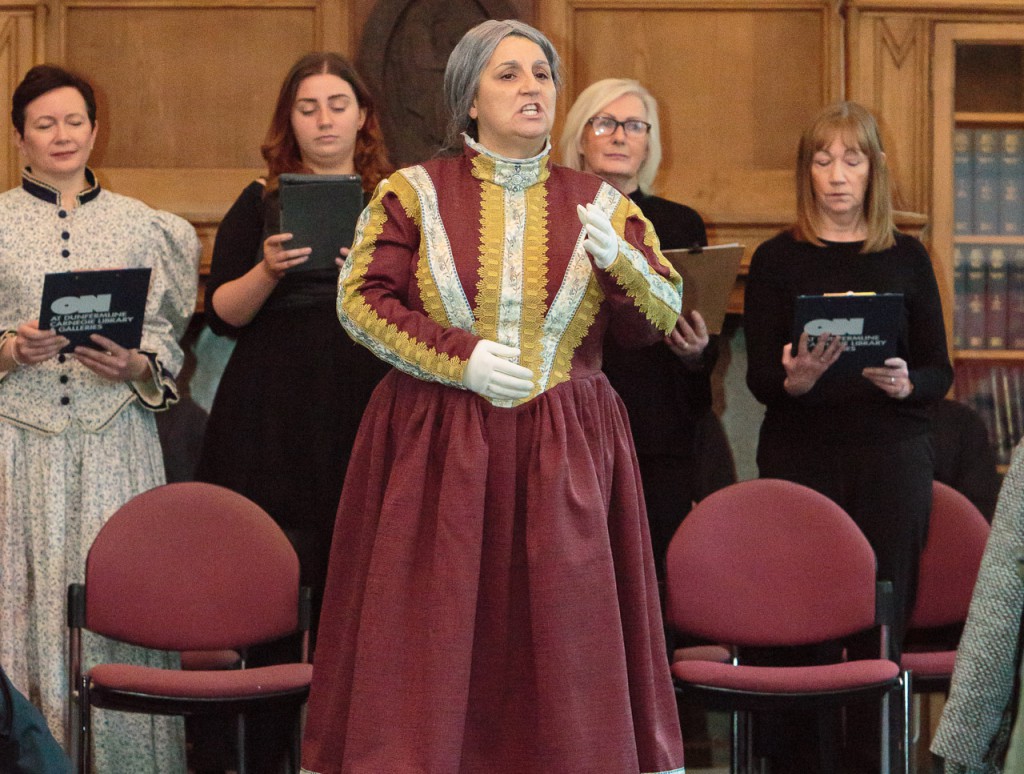 Operatunity winner Donna Hazelton sings the show’s new song, Mothers And Sons, as Andrew Carnegie’s mother at the launch of Carnegie the Star Spangled Scotchman at the Dunfermline Carnegie Library & Galleries.