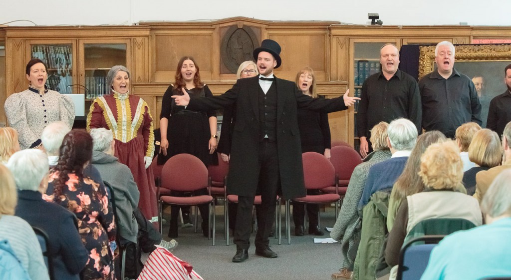 Andrew Carnegie’s great-great-great grandson Joe Whiteman (centre) and Ian Hammond Brown (second right), writer of Carnegie the Star Spangled Scotchman, join some of the cast in performing songs from the show at the launch at the Dunfermline Carnegie Library & Galleries.