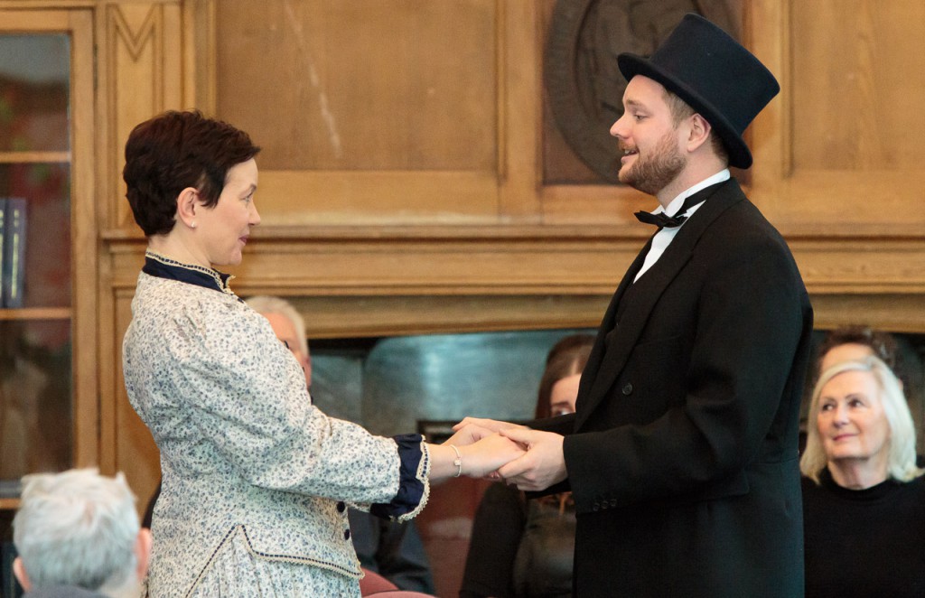 Andrew Carnegie’s great-great-great grandson Joe Whiteman sings as Andrew Carnegie to Lorna Brown playing the great man’s soon-to-be wife Louise at the launch of Carnegie the Star Spangled Scotchman at the Dunfermline Carnegie Library & Galleries.